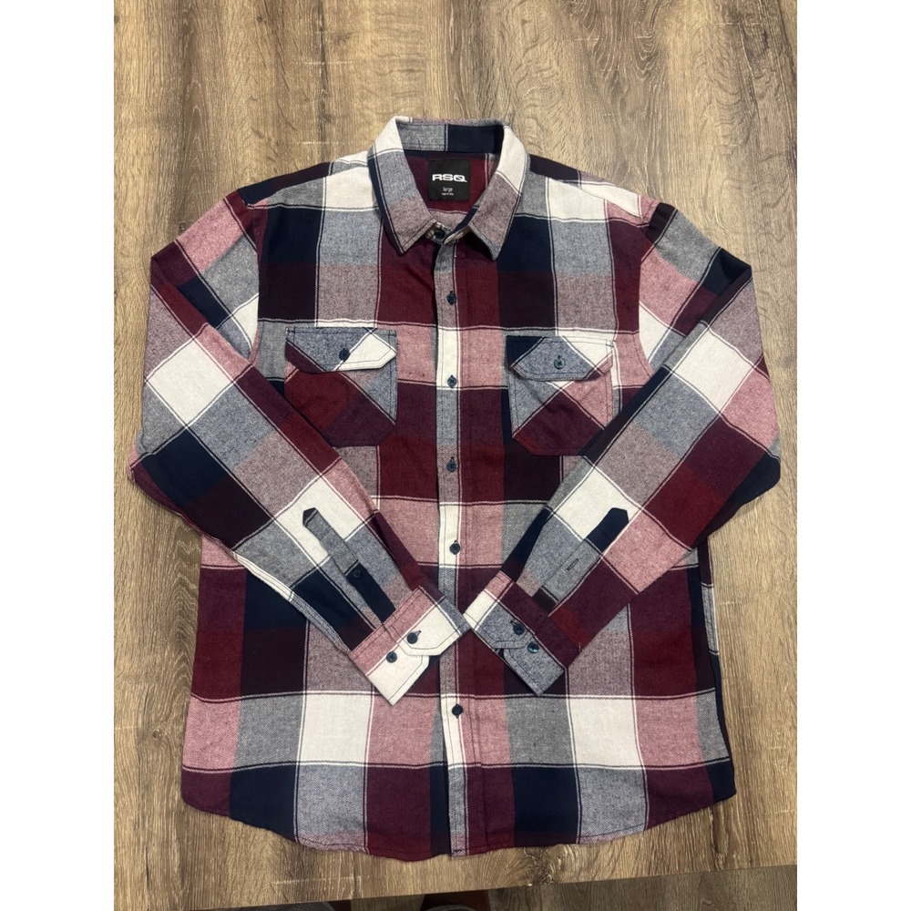 RSQ Mens Flannel Shirt Large Burgundy Navy Blue Plaid Long Sleeve Button Down